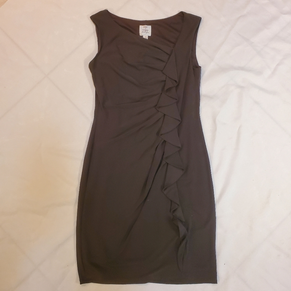 Suzi Chin for Maggy Boutique Brown Asymetric Neck & Ruffle Body Con Mini Dress 8
